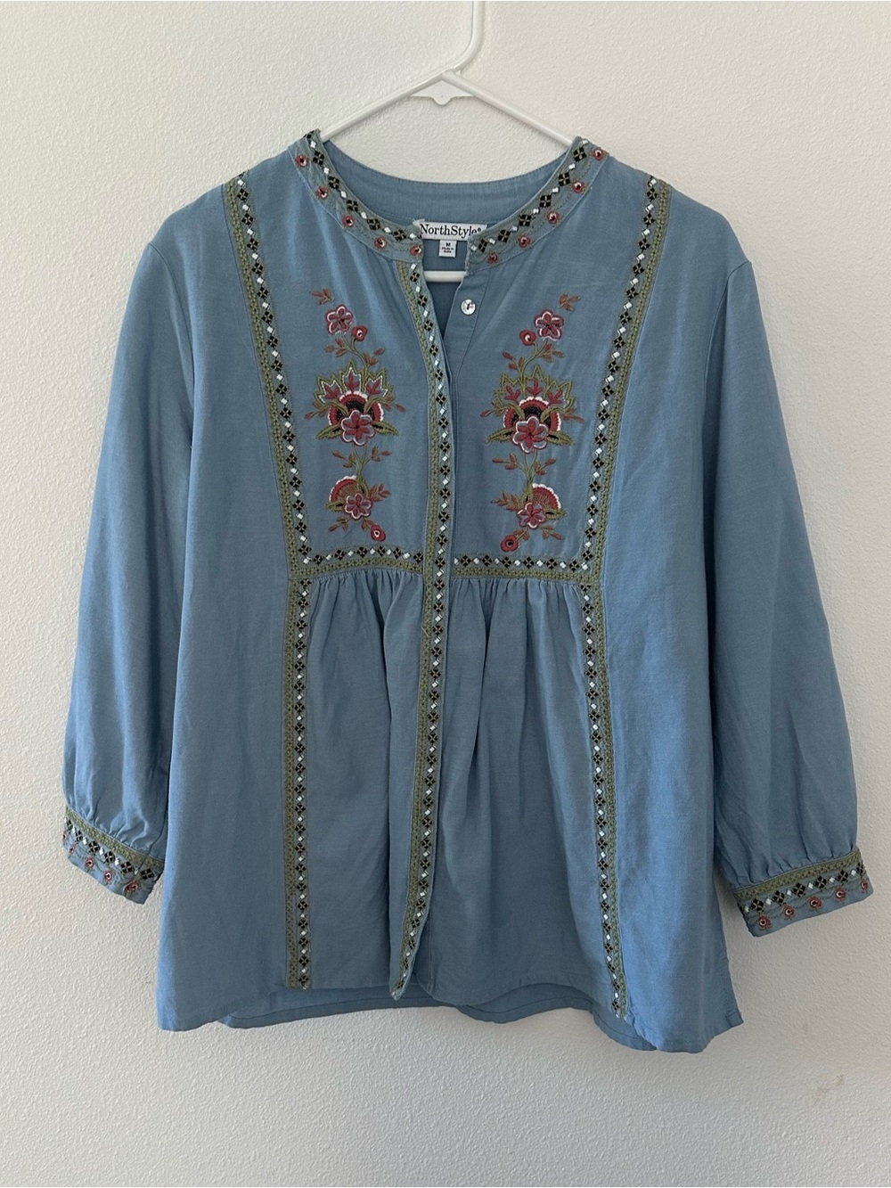 NorthStyle Dusty Blue Embroidered Floral Peasant Blouse